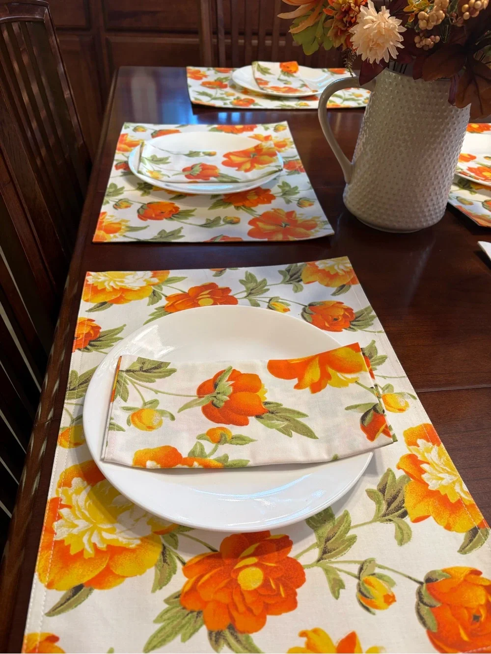 Rose Tree Orange and Yellow Floral Cotton Placemat & Napkin Set